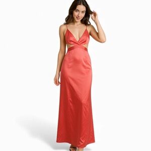 NWT Zara Chic Backless Coral Color Maxi Satin Dress Party Dress Formal, Small